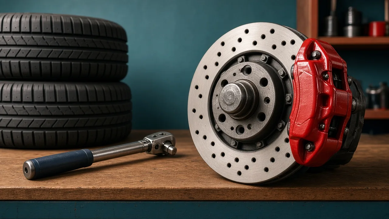 A drilled brake rotor with a red caliper, a stack of tires and a torque wrench on a garage workbench against a teal wall